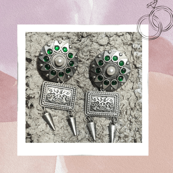 Green Tribal Silver Drop Earrings