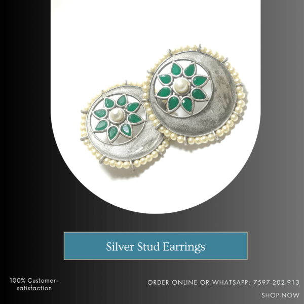 Silver Oxidised Stud Earrings- Green