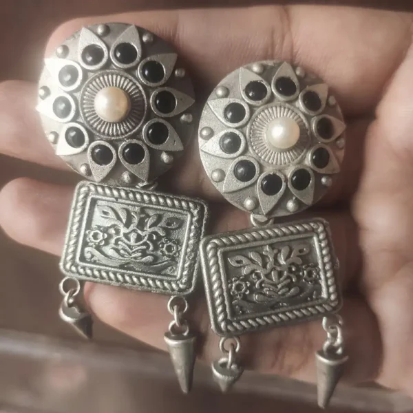 Black Tribal Silver Drop Earrings Oxi