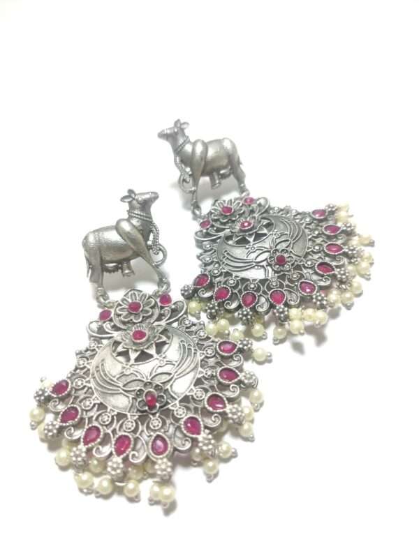 Handmade Oxidised Nandi Design Earrings - Image 2